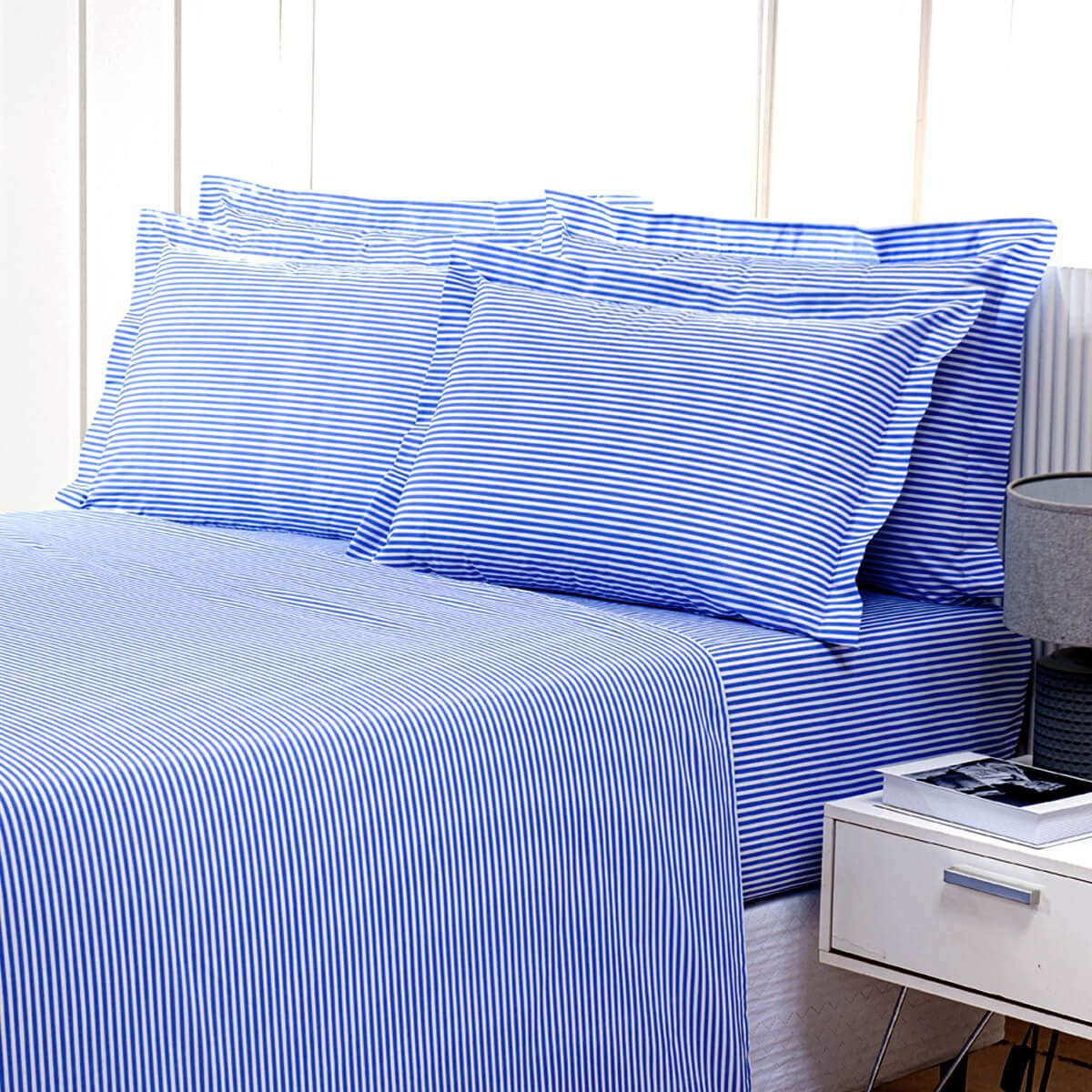 Enxoval de Hotel Sob Encomenda! Lençol Queen com Elast  160x200x25cm Percal 180 Fios Misto Listrado Azul- Confort