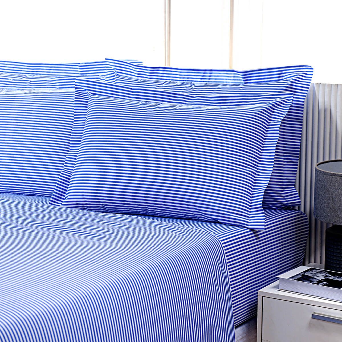 Enxoval de Hotel Sob Encomenda! Fronha Avulsa Com Aba  50x70cm Percal 180 Fios Misto - Confort  Listrado Azul