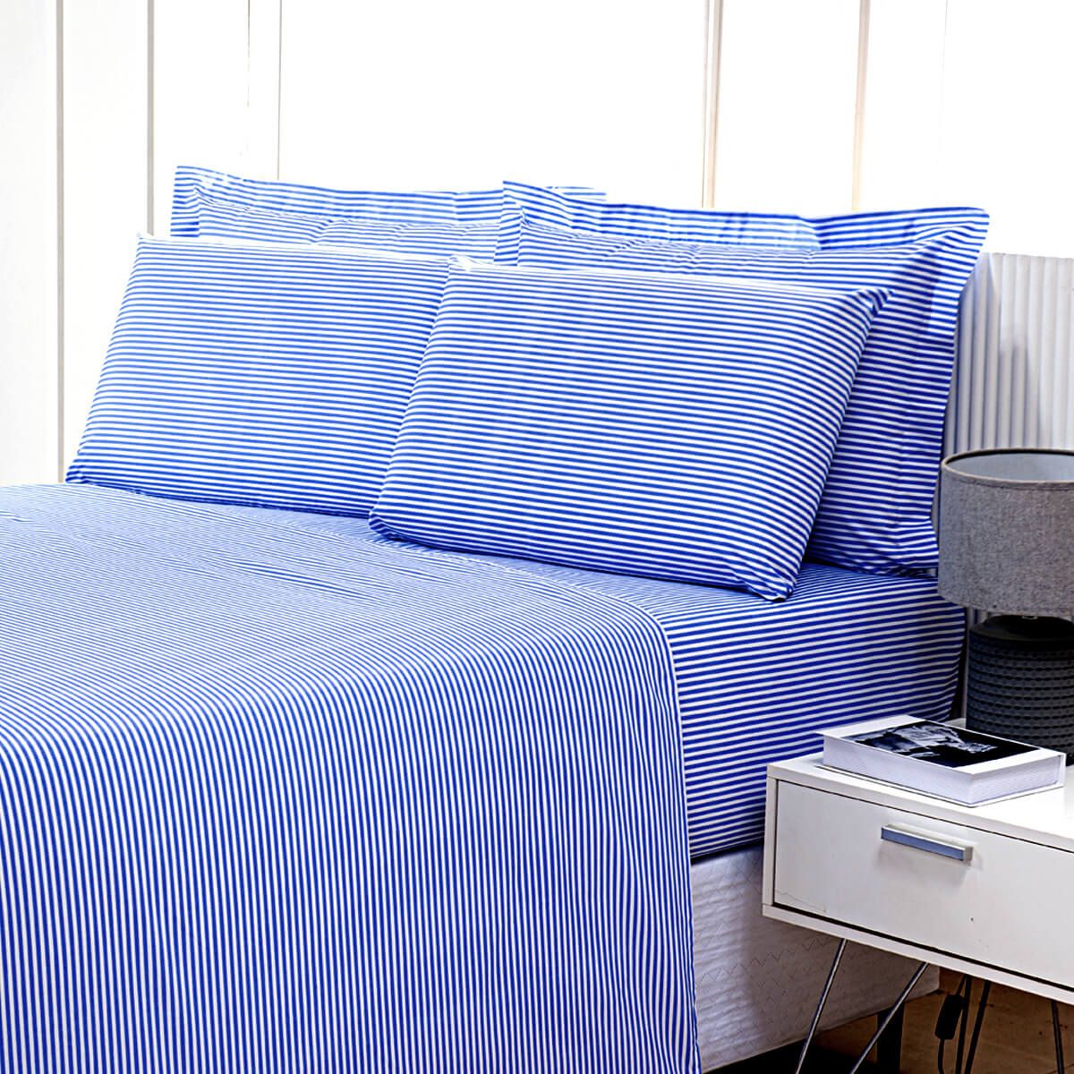 Enxoval de Hotel Sob Encomenda! Lençol King com Elast  200x200x40cm Percal 180 Fios Misto - Confort Listrado Azul