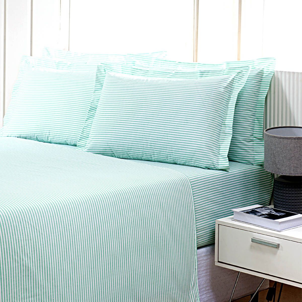 Enxoval de Hotel Sob Encomenda! Lençol Queen com Elast  160x200x25cm Percal 180 Fios Misto Listrado Verde- Confort