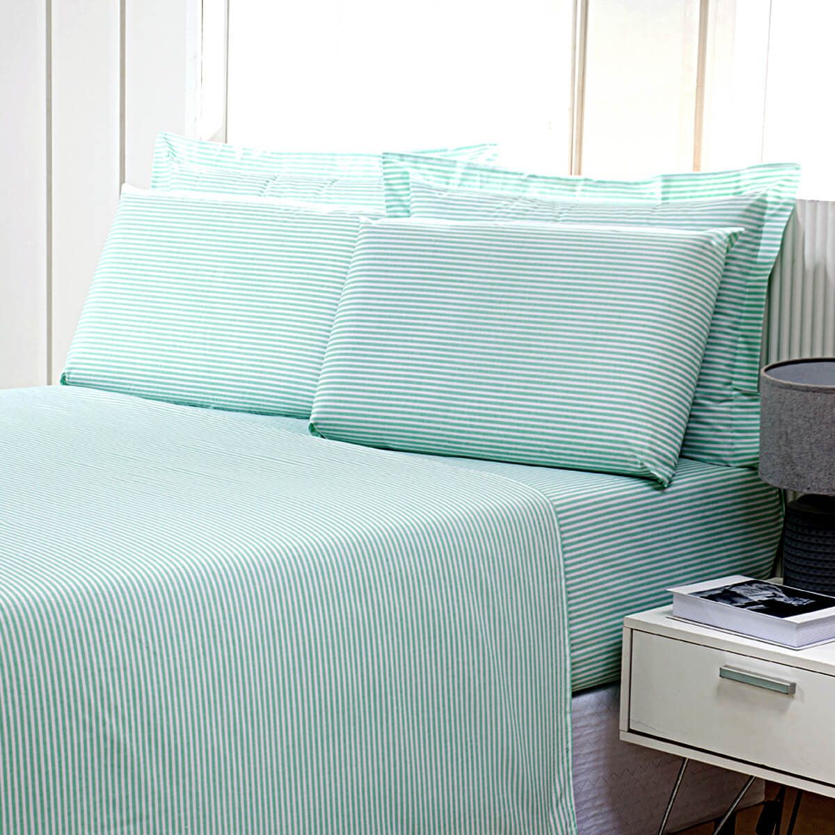 Enxoval de Hotel Sob Encomenda! Lençol King com Elast  200x200x25cm Percal 180 Fios Misto - Confort  Listrado Verde