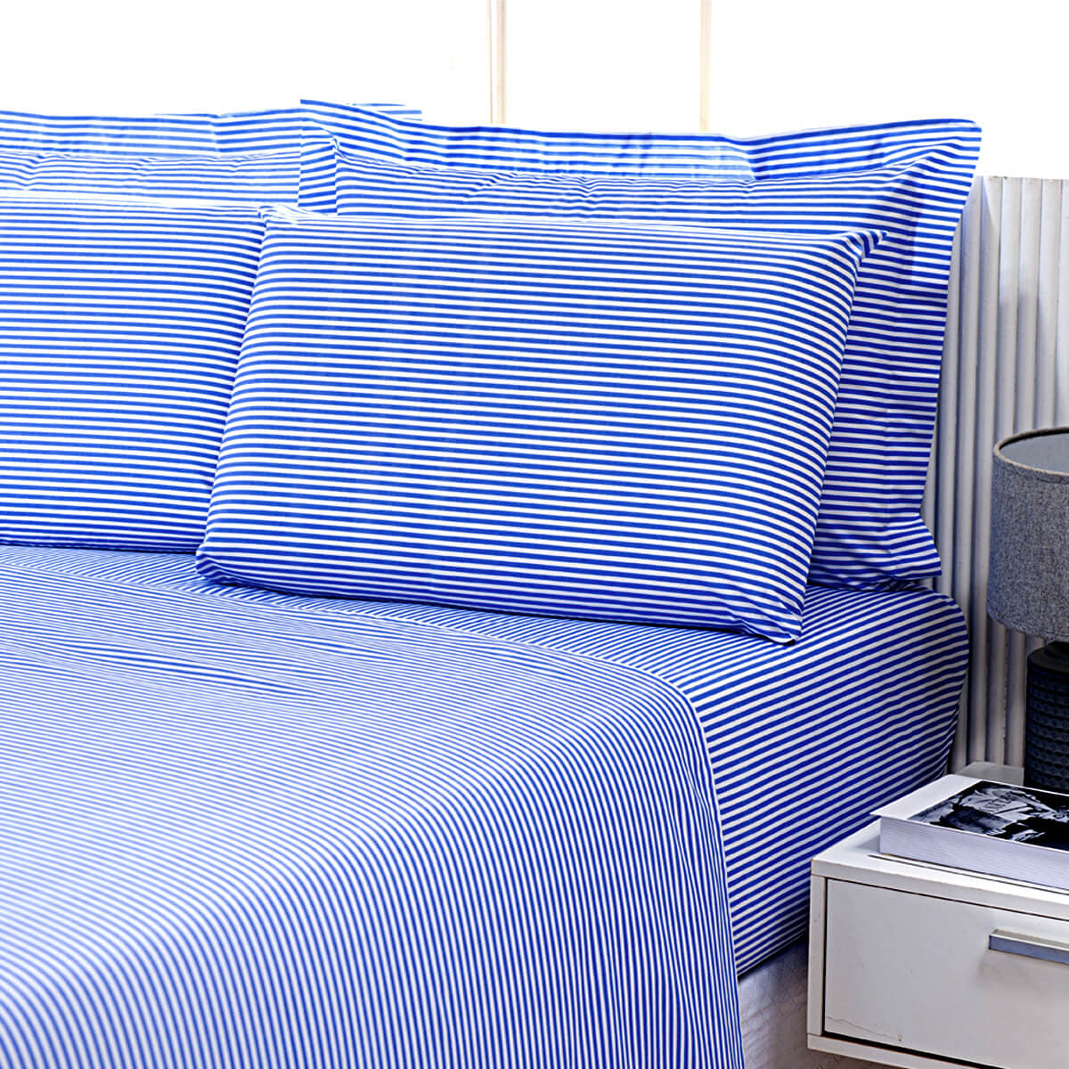 LENÇOL LISTRADO AZUL 180 FIOS PARA HOTEL